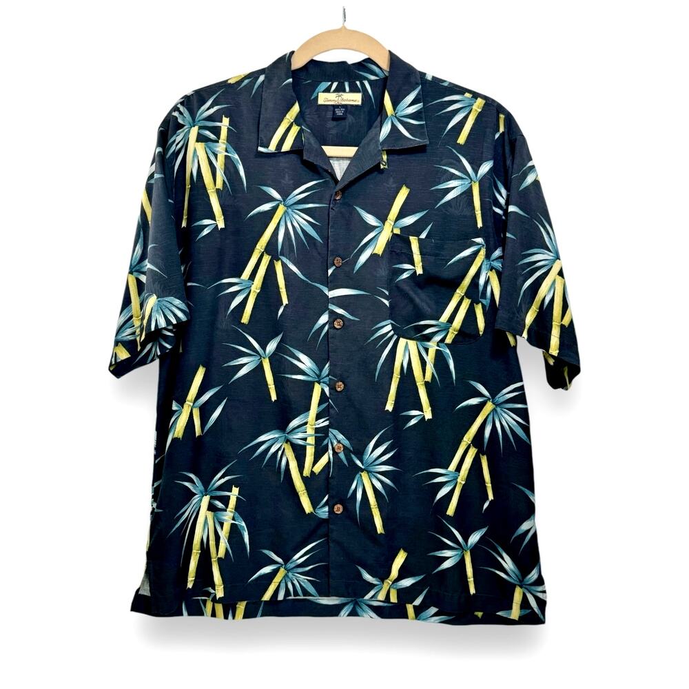 Tommy Bahama Black Silk Bamboo Print Hawaiian Camp Shirt L